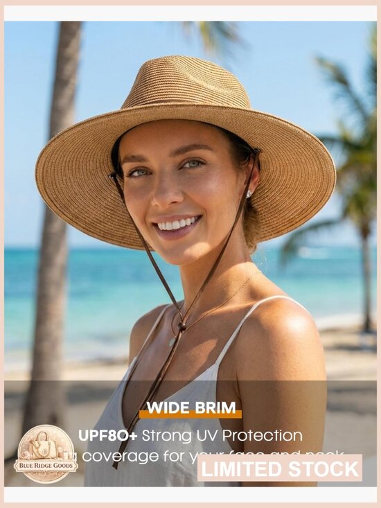 Wide Brim Straw Sun Hat with Wind Lanyard UPF 80+ Unisex Panama